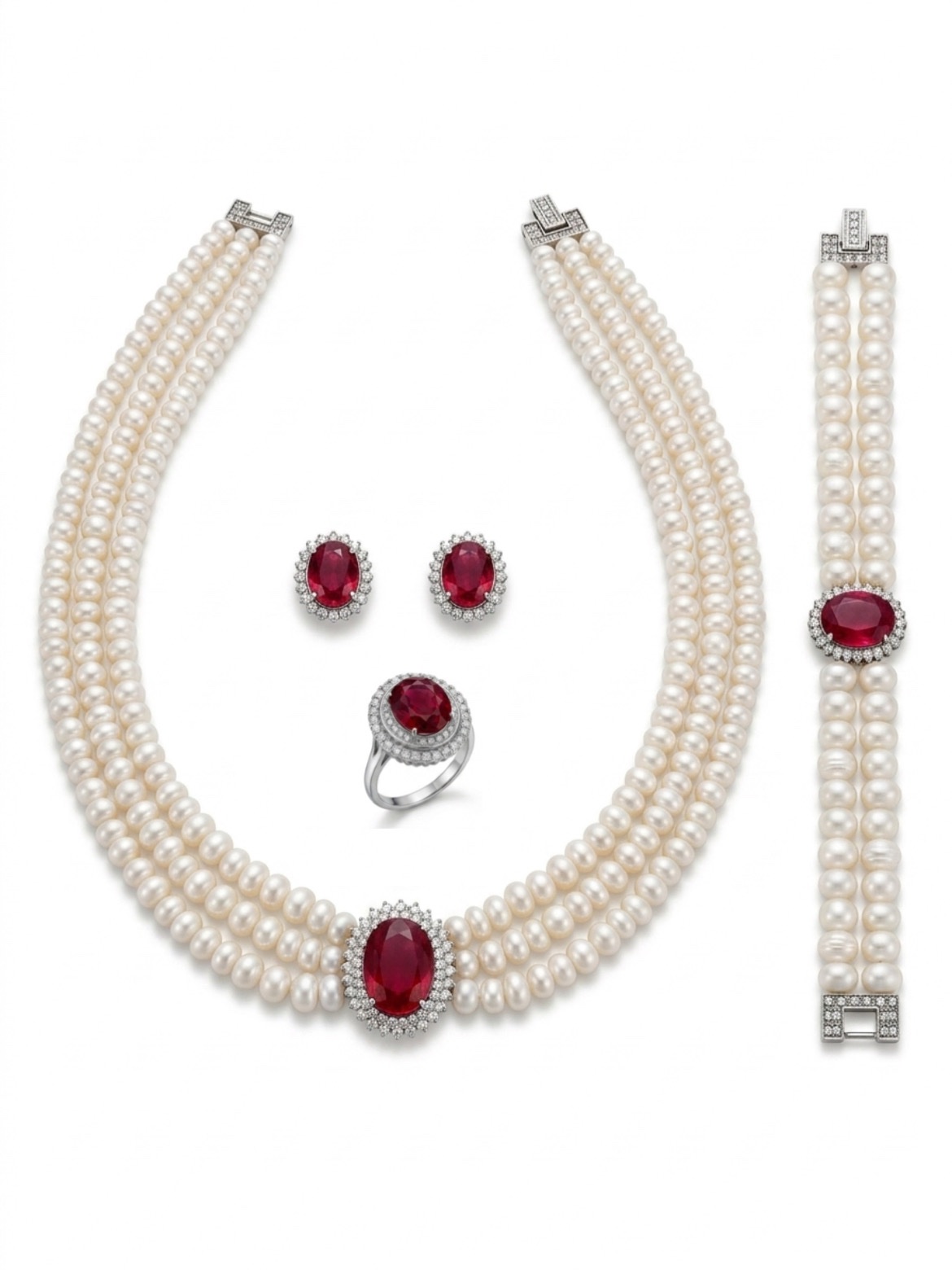 Natural Pearl AAA Set | Ruby & Silver Luxury Collection