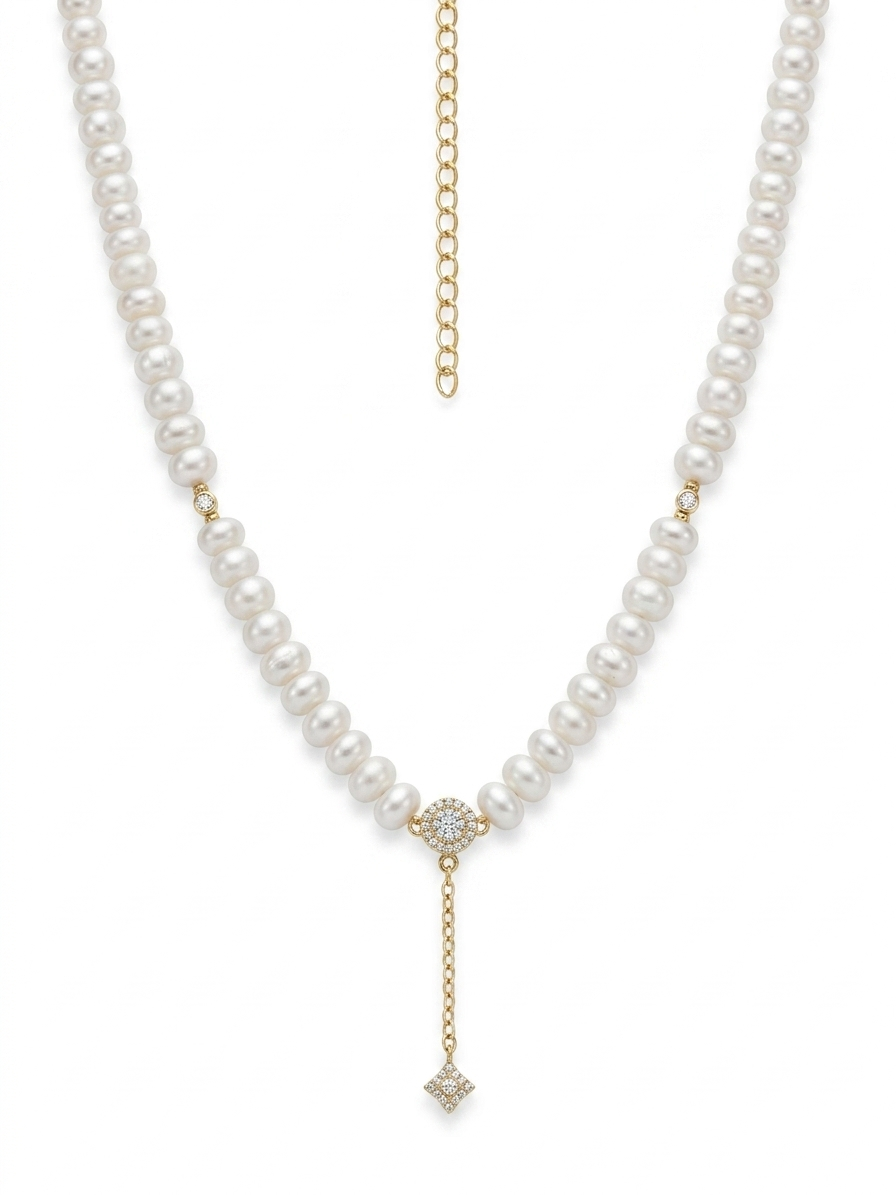 Natural Pearl Diamond Necklace | Gold Elegance