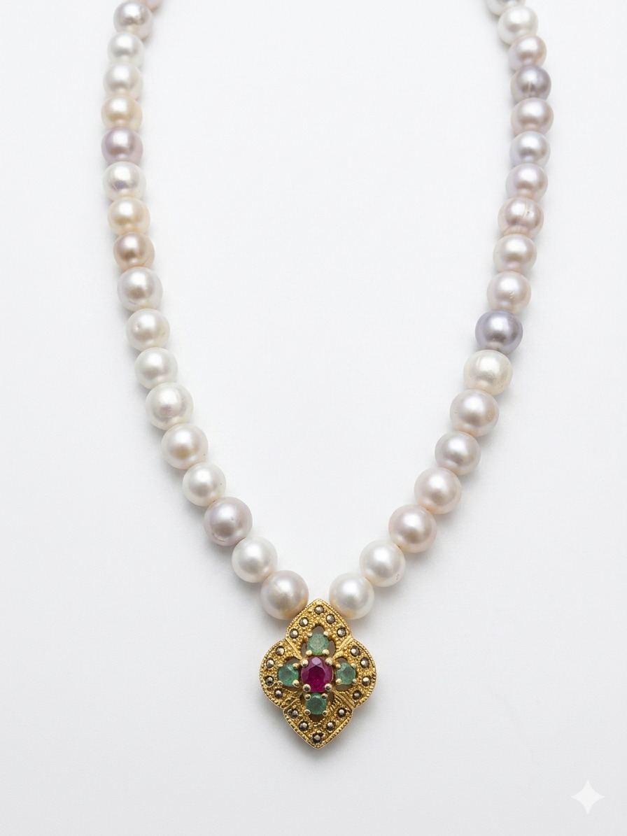 South Sea Pearl Necklace | Emerald & African Ruby Pendant