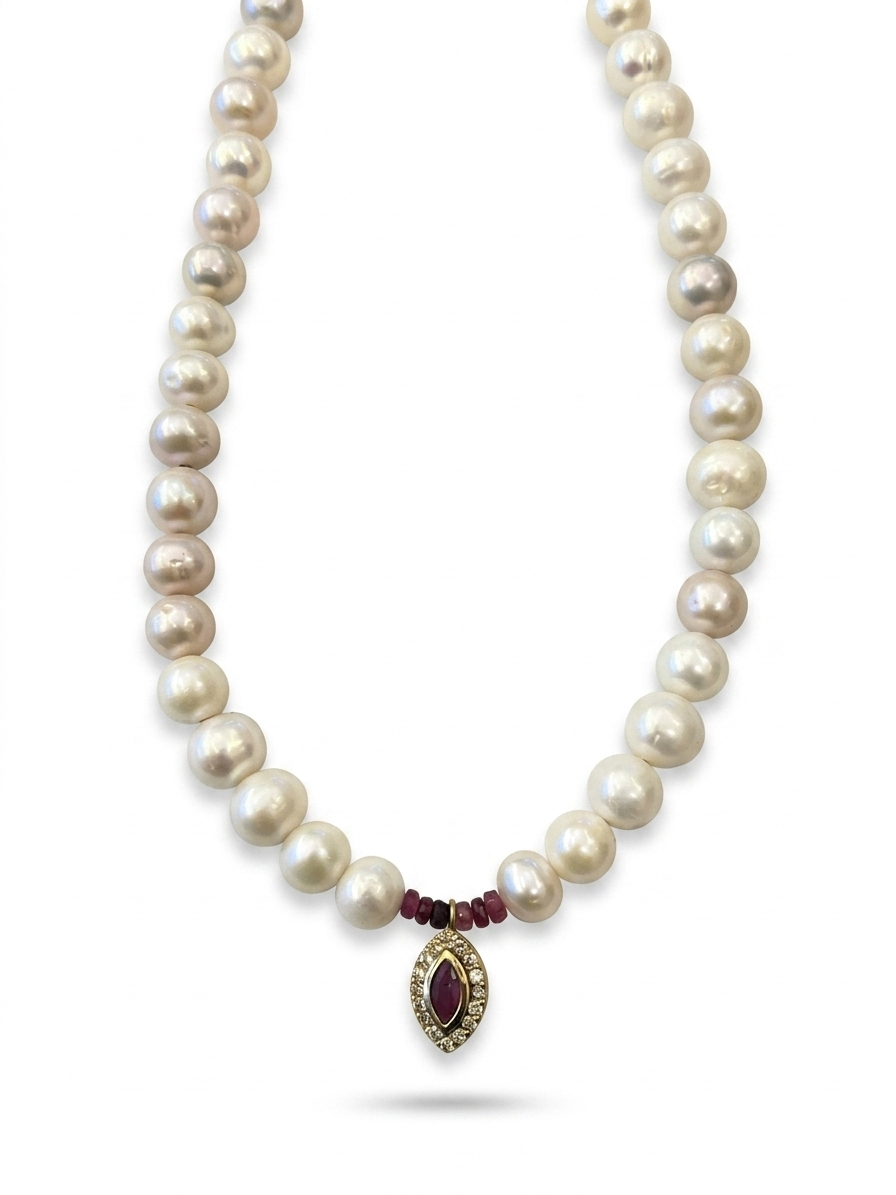 ✨ Natural Pearl Ruby Diamond Necklace | Gold Luxury