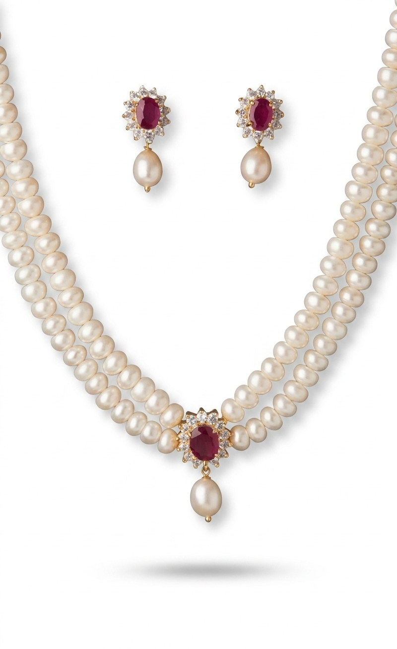 Natural Pearl & Ruby Jewelry Set | Elegant Necklace & Earrings