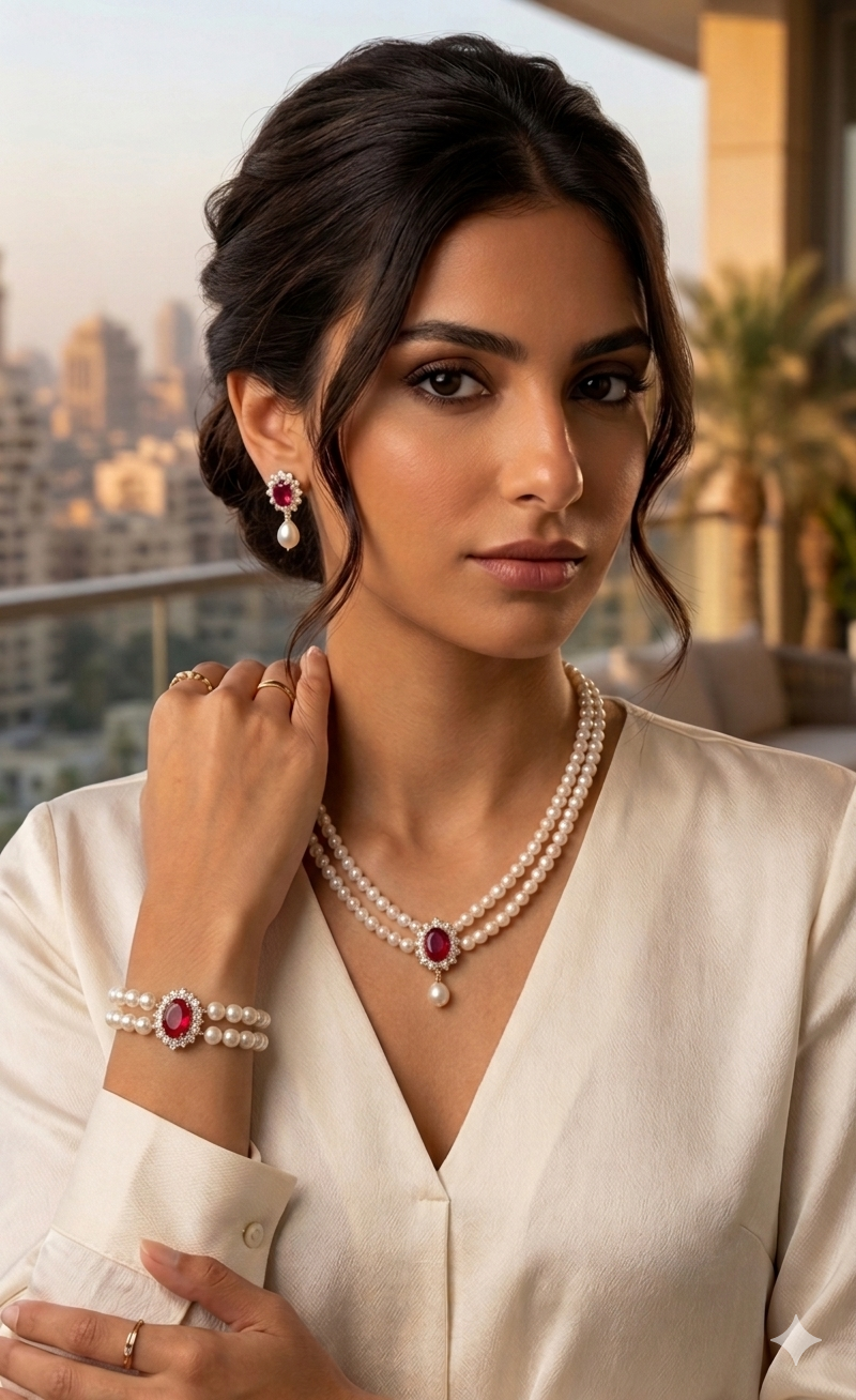 Natural Pearl & Ruby Jewelry Set | Elegant Necklace & Earrings - Image 2