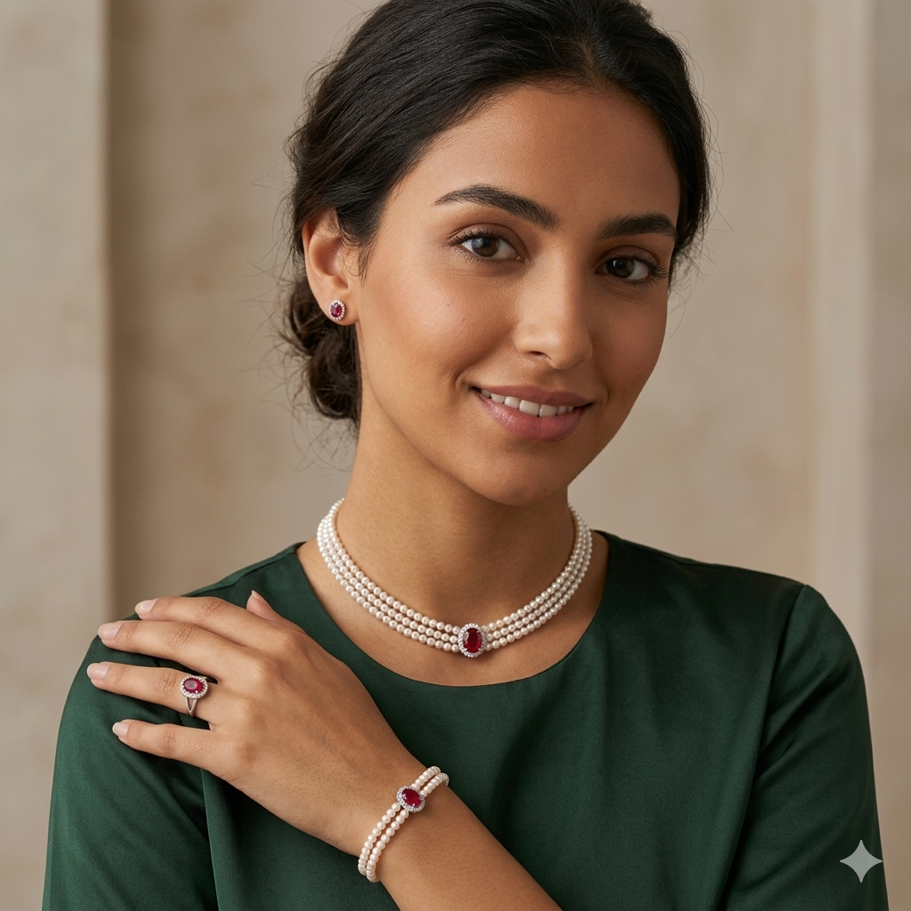 Natural Pearl AAA Set | Ruby & Silver Luxury Collection - Image 2
