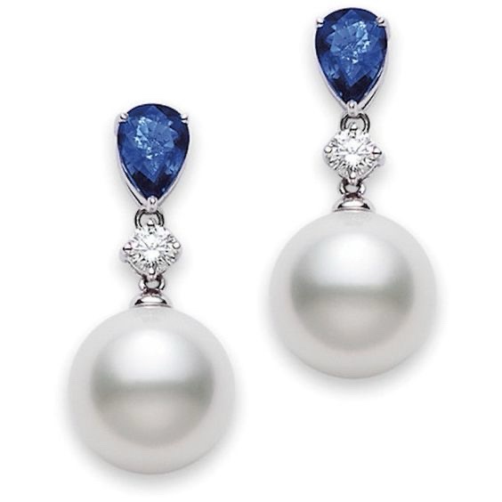 South Sea Pearl Earrings | Natural Diamonds & African Sapphire Elegance