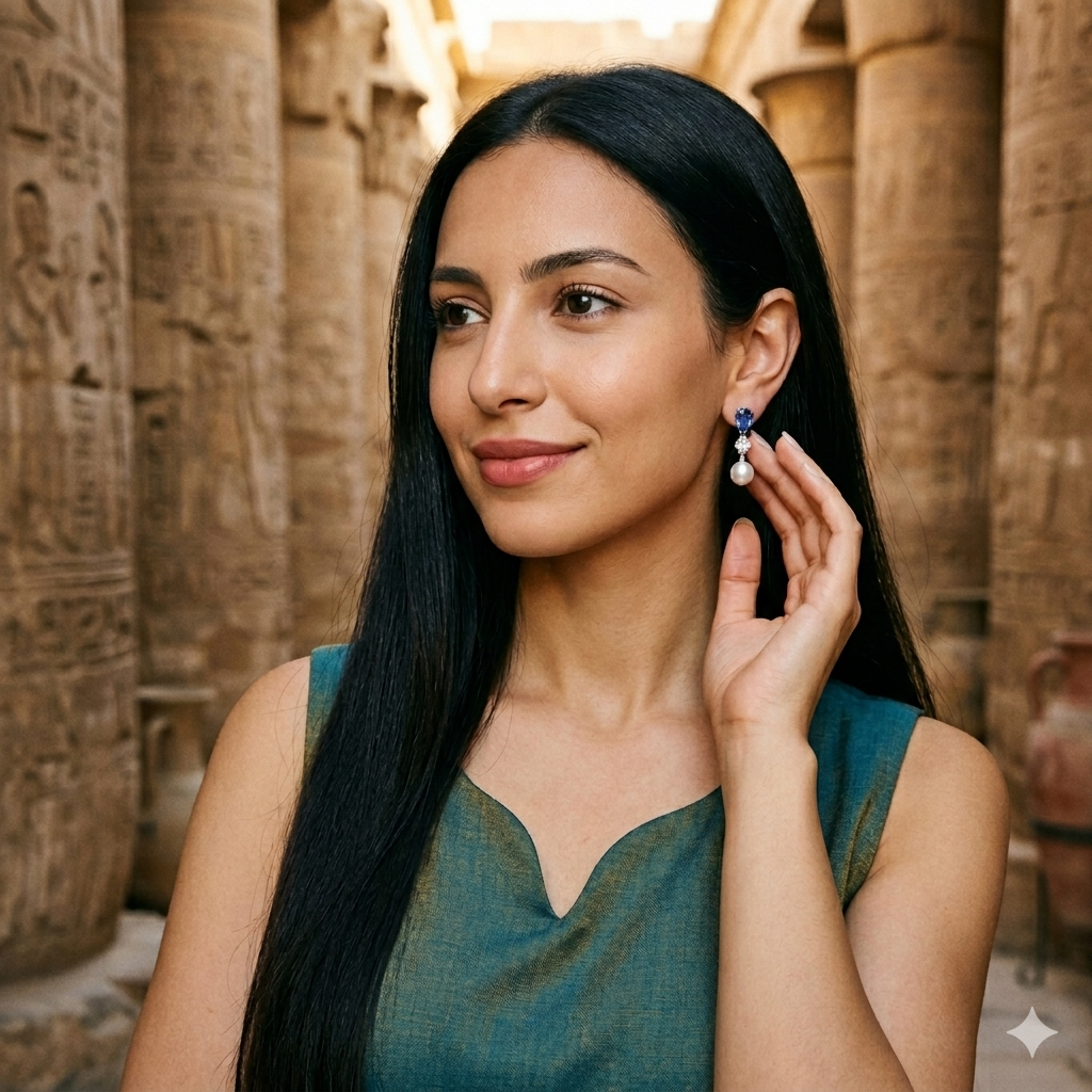 South Sea Pearl Earrings | Natural Diamonds & African Sapphire Elegance - Image 2