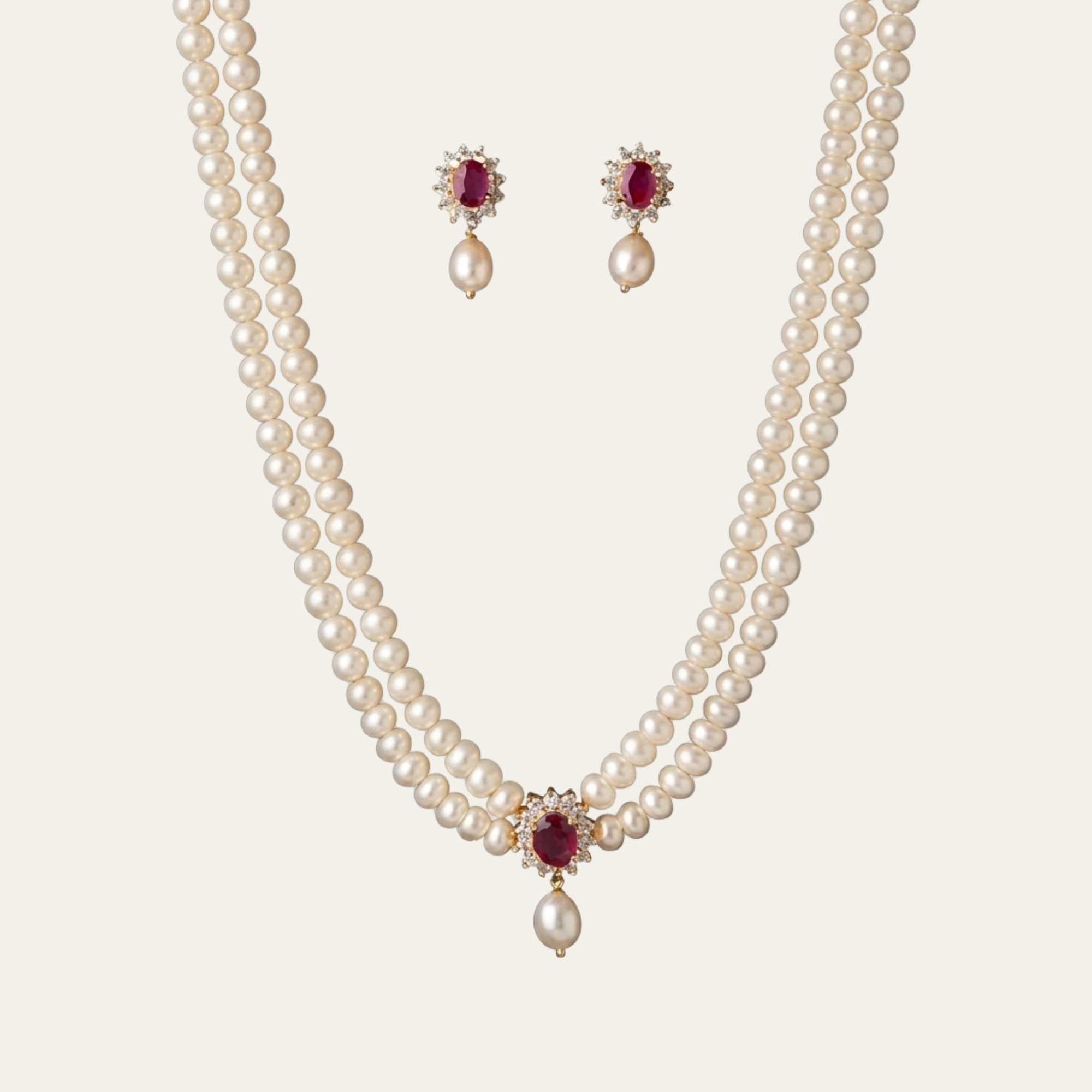 Natural Pearl & Ruby Jewelry Set | Elegant Necklace & Earrings