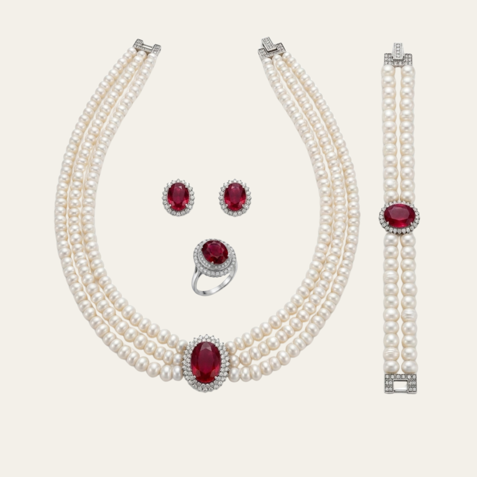 Natural Pearl AAA Set | Ruby & Silver Luxury Collection
