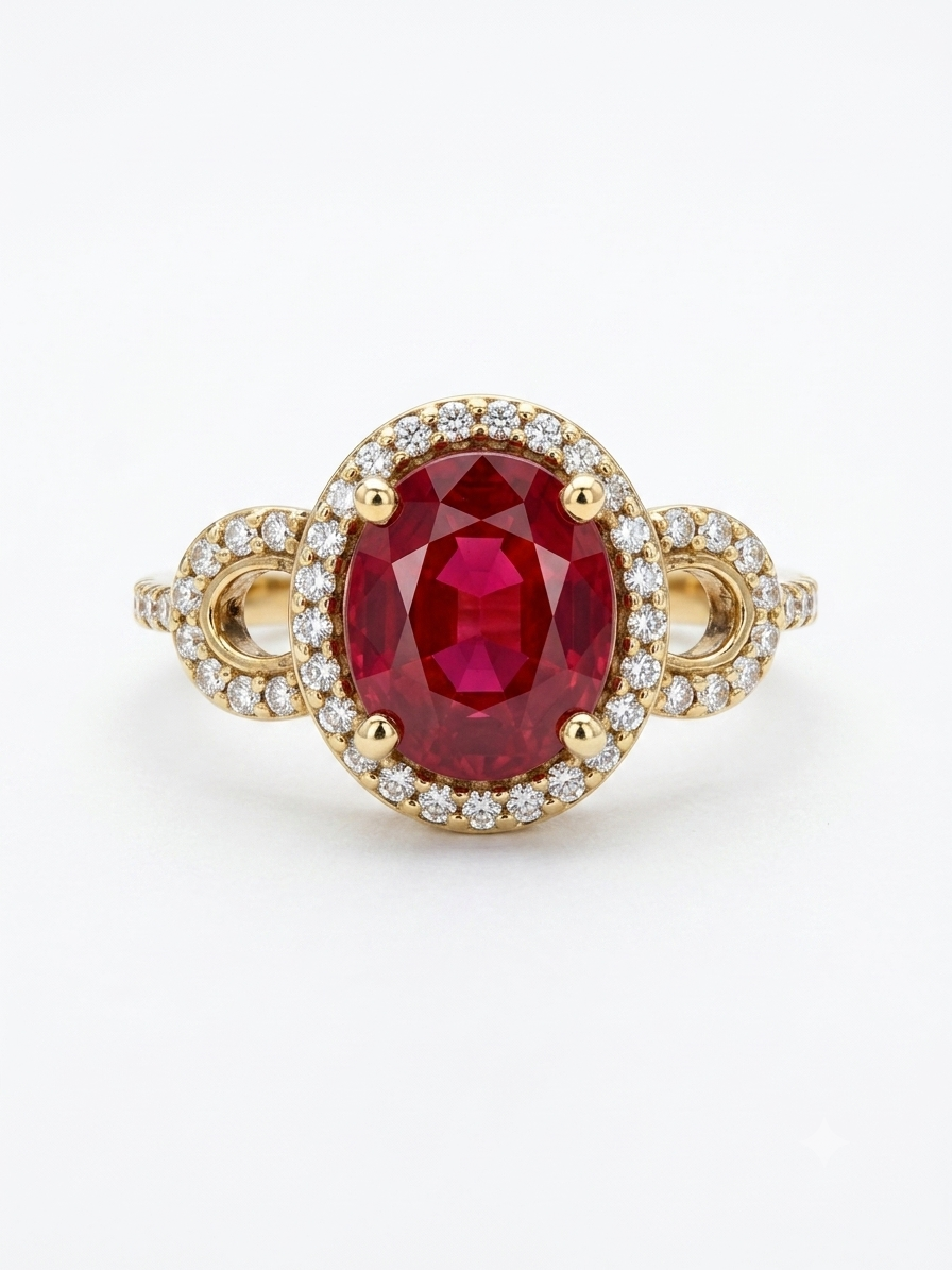 18K Gold Ring with 4.00 Ct African Ruby & 0.55 Ct Natural Diamonds | VS1 G