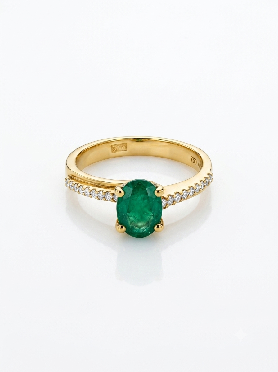 18K Gold Zambian Emerald Ring | 1.00 ct Emerald & 0.20 ct G VS1 Diamonds