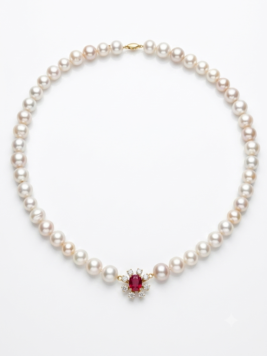 Luxury South Sea Pearl Necklace with African Ruby & Natural Diamond in 18K Gold